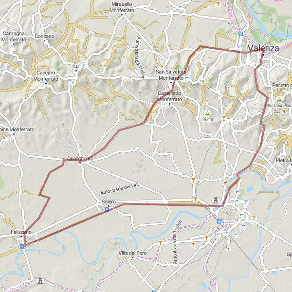 Miniatua del mapa de inspiración ciclista "Ruta de ciclismo de gravel desde Valenza" en Piemonte, Italy. Generado por Tarmacs.app planificador de rutas ciclistas