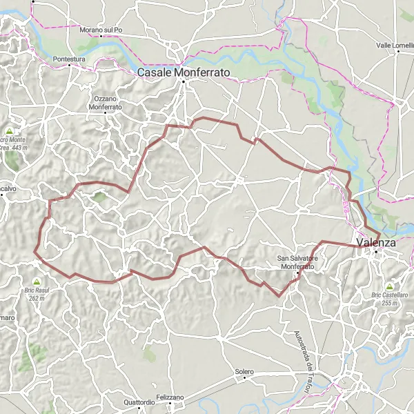 Kartminiatyr av "Lang gruskjøretur til Rosignano Monferrato" sykkelinspirasjon i Piemonte, Italy. Generert av Tarmacs.app sykkelrutoplanlegger