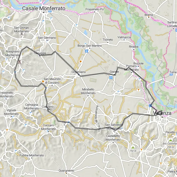 Miniatua del mapa de inspiración ciclista "Ruta de ciclismo de carretera desde Valenza" en Piemonte, Italy. Generado por Tarmacs.app planificador de rutas ciclistas