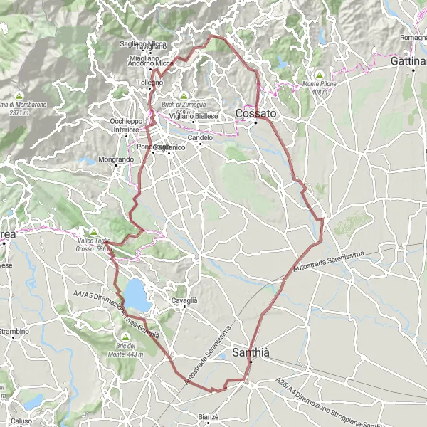 Kartminiatyr av "Grusvägstur till Pettinengo" cykelinspiration i Piemonte, Italy. Genererad av Tarmacs.app cykelruttplanerare