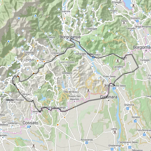 Miniatuurkaart van de fietsinspiratie "Valle Mosso naar Gattinara" in Piemonte, Italy. Gemaakt door de Tarmacs.app fietsrouteplanner