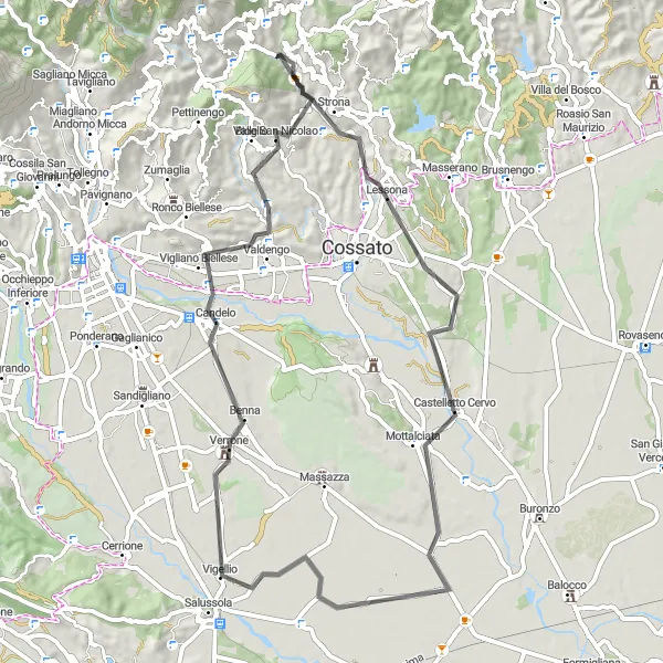 Kartminiatyr av "Rundtur från Valle Mosso till Lessona" cykelinspiration i Piemonte, Italy. Genererad av Tarmacs.app cykelruttplanerare