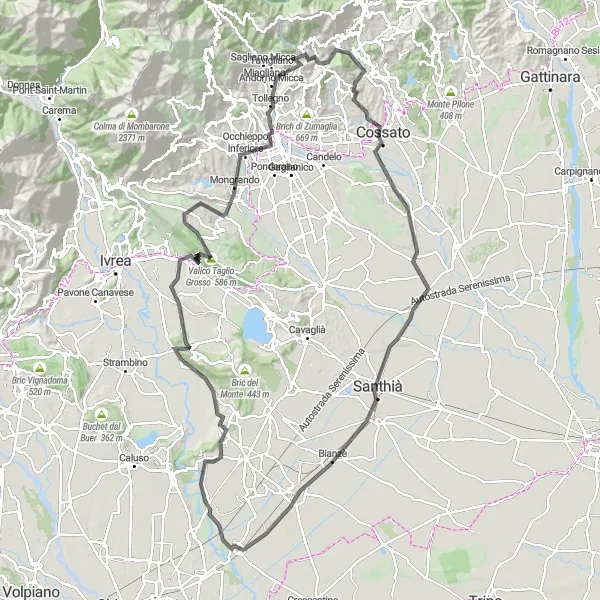 Zemljevid v pomanjšavi "Kolesarska pot Valle Mosso - Biella - Ivrea - Moncrivello" kolesarske inspiracije v Piemonte, Italy. Generirano z načrtovalcem kolesarskih poti Tarmacs.app