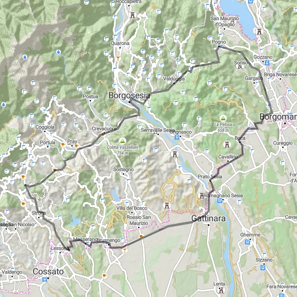 Zemljevid v pomanjšavi "Ciklična pot do Lessona" kolesarske inspiracije v Piemonte, Italy. Generirano z načrtovalcem kolesarskih poti Tarmacs.app