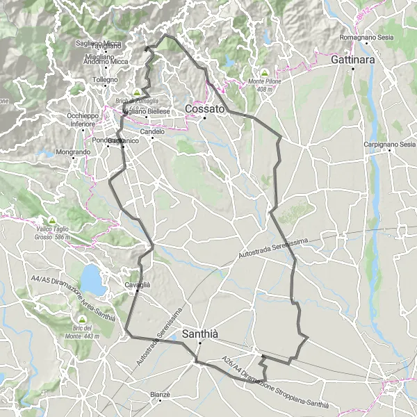 Zemljevid v pomanjšavi "Kolesarska pot Valle Mosso - Lessona - Sandigliano - Callabiana" kolesarske inspiracije v Piemonte, Italy. Generirano z načrtovalcem kolesarskih poti Tarmacs.app