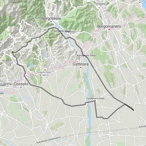 Mapa miniatúra "Road Cycling Route to Crocemosso from Valle Mosso" cyklistická inšpirácia v Piemonte, Italy. Vygenerované cyklistickým plánovačom trás Tarmacs.app