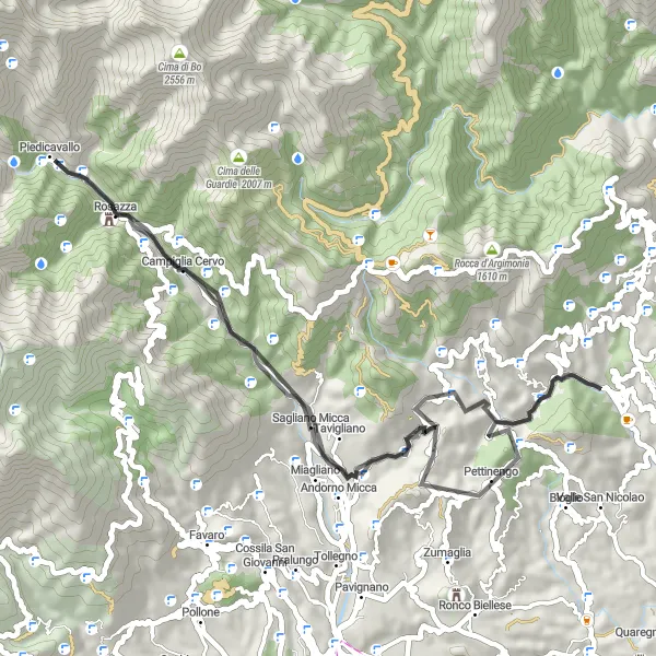 Miniatua del mapa de inspiración ciclista "Ruta escénica corta por carretera cerca de Valle Mosso" en Piemonte, Italy. Generado por Tarmacs.app planificador de rutas ciclistas