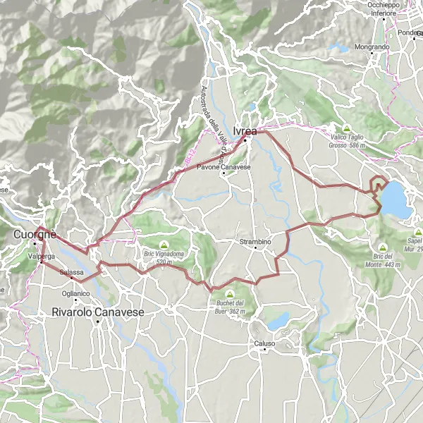 Kartminiatyr av "Grusväg runt Valperga" cykelinspiration i Piemonte, Italy. Genererad av Tarmacs.app cykelruttplanerare