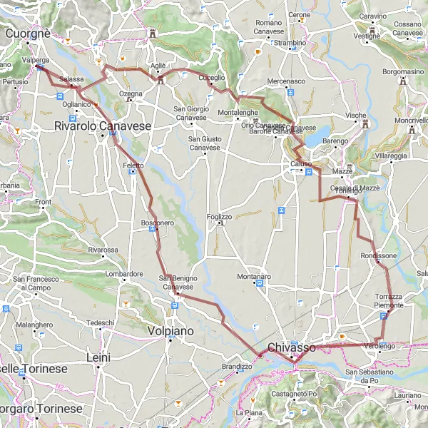 Miniaturekort af cykelinspirationen "Valperga til Rivarolo Canavese via Agliè og Verolengo" i Piemonte, Italy. Genereret af Tarmacs.app cykelruteplanlægger