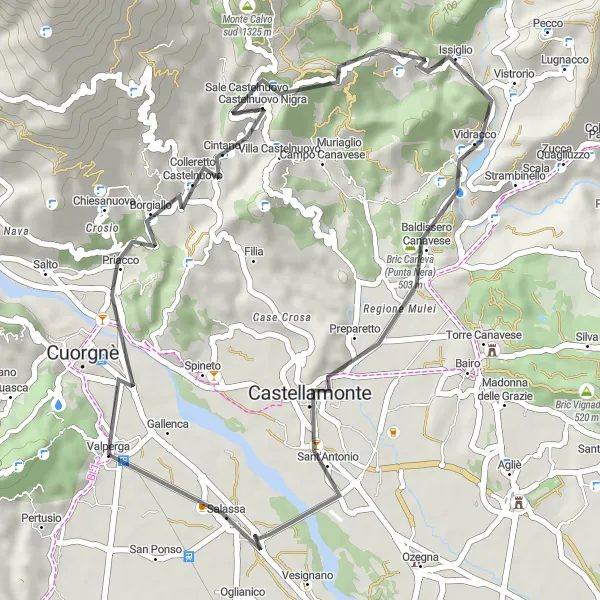 Kartminiatyr av "Kort cykeltur runt Valperga" cykelinspiration i Piemonte, Italy. Genererad av Tarmacs.app cykelruttplanerare