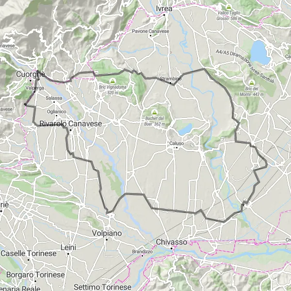 Karttaminiaatyyri "Pitkä maantiekiertomatka Valpergan ympäristössä" pyöräilyinspiraatiosta alueella Piemonte, Italy. Luotu Tarmacs.app pyöräilyreittisuunnittelijalla