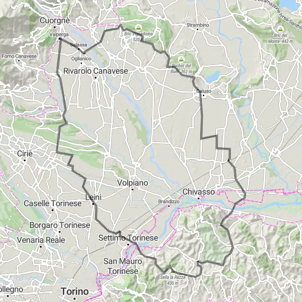 Mapa miniatúra "Cyklistická cesta okolo Valperga cez Bairo a Monte Chiaro" cyklistická inšpirácia v Piemonte, Italy. Vygenerované cyklistickým plánovačom trás Tarmacs.app