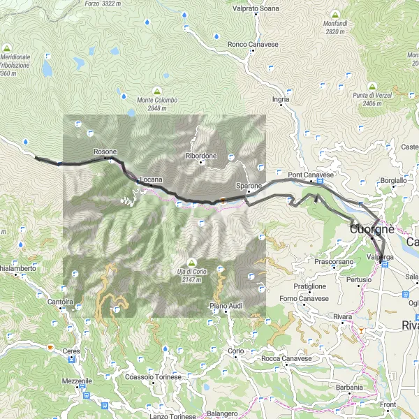 Zemljevid v pomanjšavi "Kolesarska pot z začetkom blizu Valperge" kolesarske inspiracije v Piemonte, Italy. Generirano z načrtovalcem kolesarskih poti Tarmacs.app