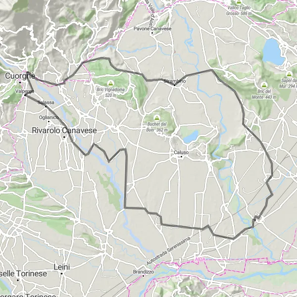 Miniaturní mapa "Valperga - Ivrea Loop" inspirace pro cyklisty v oblasti Piemonte, Italy. Vytvořeno pomocí plánovače tras Tarmacs.app