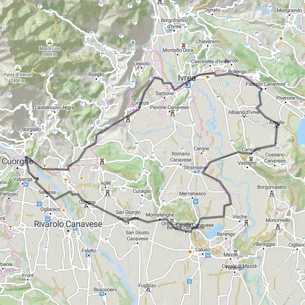 Miniaturekort af cykelinspirationen "Valperga til Monte Chiaro via Castellamonte og San Giorgio Canavese" i Piemonte, Italy. Genereret af Tarmacs.app cykelruteplanlægger