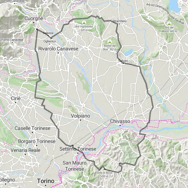 Map miniature of "Valperga Road Challenge" cycling inspiration in Piemonte, Italy. Generated by Tarmacs.app cycling route planner