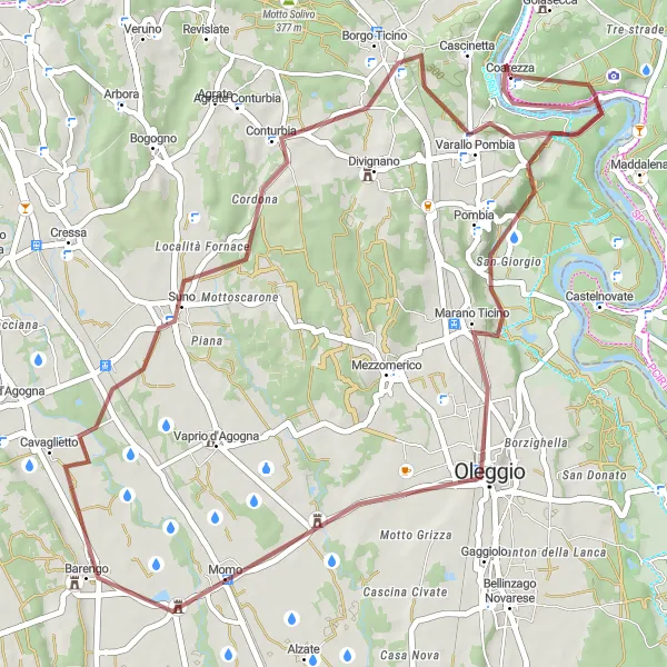 Zemljevid v pomanjšavi "Gravel kolesarska pot ob reki Ticino" kolesarske inspiracije v Piemonte, Italy. Generirano z načrtovalcem kolesarskih poti Tarmacs.app