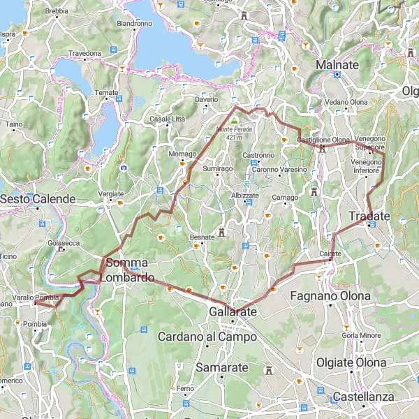 Map miniature of "Challenging Gravel Journey to Varallo Pombia" cycling inspiration in Piemonte, Italy. Generated by Tarmacs.app cycling route planner