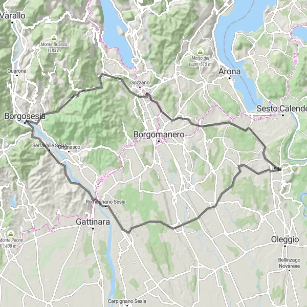 Kartminiatyr av "Varese to Valsesia Challenge" cykelinspiration i Piemonte, Italy. Genererad av Tarmacs.app cykelruttplanerare