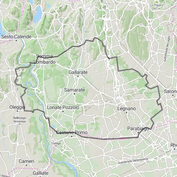 Map miniature of "Road Cycling to Explore Lombardy" cycling inspiration in Piemonte, Italy. Generated by Tarmacs.app cycling route planner