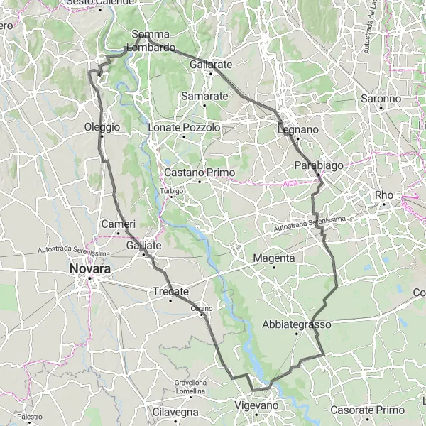 Zemljevid v pomanjšavi "Dolga cestna kolesarska tura v bližini Varalla Pombie (Piemonte, Italija)" kolesarske inspiracije v Piemonte, Italy. Generirano z načrtovalcem kolesarskih poti Tarmacs.app