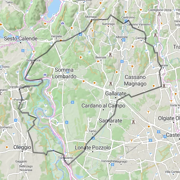 Miniatura della mappa di ispirazione al ciclismo "Tour Road tra Golasecca e Samarate" nella regione di Piemonte, Italy. Generata da Tarmacs.app, pianificatore di rotte ciclistiche