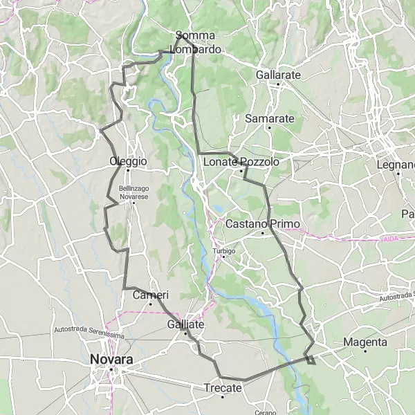 Miniatura della mappa di ispirazione al ciclismo "Giro in bici da Varallo Pombia" nella regione di Piemonte, Italy. Generata da Tarmacs.app, pianificatore di rotte ciclistiche
