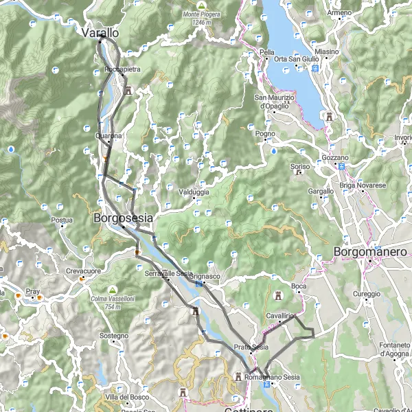 Mapa miniatúra "Kultúrna cyklistická trasa v okolí Varalla" cyklistická inšpirácia v Piemonte, Italy. Vygenerované cyklistickým plánovačom trás Tarmacs.app