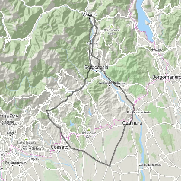 Zemljevid v pomanjšavi "Kolesarska pot okoli Varalla" kolesarske inspiracije v Piemonte, Italy. Generirano z načrtovalcem kolesarskih poti Tarmacs.app