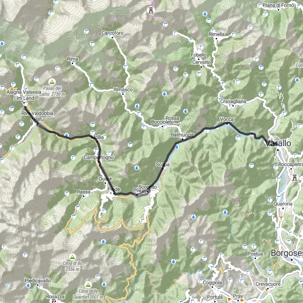 Miniaturní mapa "Cyklistická trasa kolem Varalla" inspirace pro cyklisty v oblasti Piemonte, Italy. Vytvořeno pomocí plánovače tras Tarmacs.app