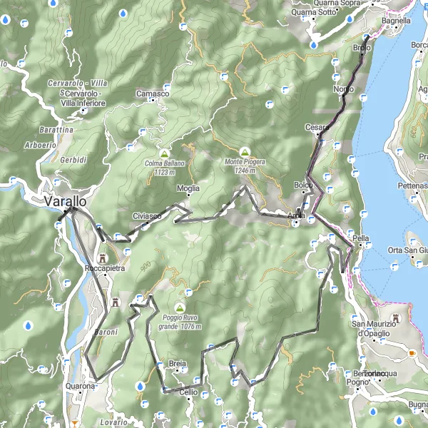 Miniature de la carte de l'inspiration cycliste "Escapade Montagneuse de Varallo" dans la Piemonte, Italy. Générée par le planificateur d'itinéraire cycliste Tarmacs.app