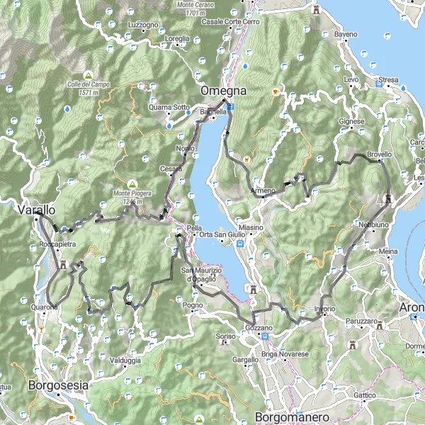 Mapa miniatúra "Náročná okruhová cesta okolo Varalla" cyklistická inšpirácia v Piemonte, Italy. Vygenerované cyklistickým plánovačom trás Tarmacs.app