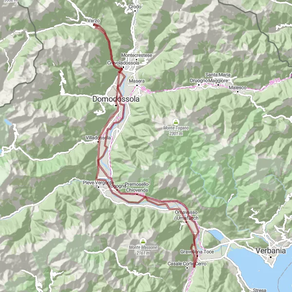Miniaturní mapa "Varzo - Domodossola - Anzola d'Ossola - Poggio Molla - Gravellona Toce - Piedimulera - Preglia - Lavatoio di Varzo" inspirace pro cyklisty v oblasti Piemonte, Italy. Vytvořeno pomocí plánovače tras Tarmacs.app