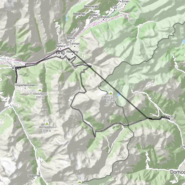 Miniaturní mapa "Varzo - Simplon Dorf - Simplon Pass - Ganterbrücke - Eyholz - Visp - Kreuz - Punta di Terrarossa / Wasenhorn - Bugliaga - Varzo" inspirace pro cyklisty v oblasti Piemonte, Italy. Vytvořeno pomocí plánovače tras Tarmacs.app