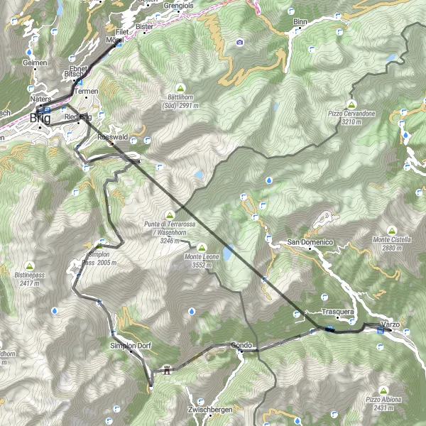 Zemljevid v pomanjšavi "Skozi alpske prelaze od Varza do Bugliage" kolesarske inspiracije v Piemonte, Italy. Generirano z načrtovalcem kolesarskih poti Tarmacs.app