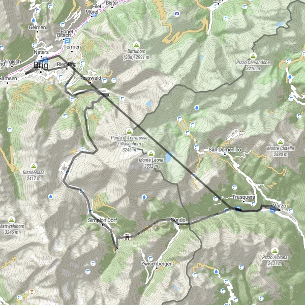 Miniatua del mapa de inspiración ciclista "Travesía alpina a través de Simplon Pass" en Piemonte, Italy. Generado por Tarmacs.app planificador de rutas ciclistas