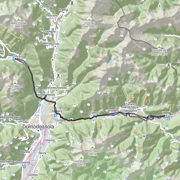 Miniaturní mapa "Varzo - Roldo - Craveggia - Malesco - spartiacque Melezzo occidentale/Melezzo orientale - Masera - Varzo" inspirace pro cyklisty v oblasti Piemonte, Italy. Vytvořeno pomocí plánovače tras Tarmacs.app