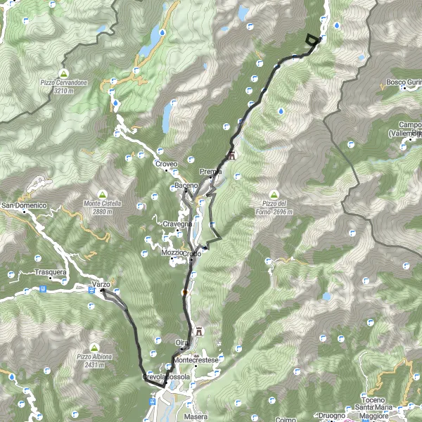 Miniatua del mapa de inspiración ciclista "Desafío montañoso alrededor de Varzo" en Piemonte, Italy. Generado por Tarmacs.app planificador de rutas ciclistas