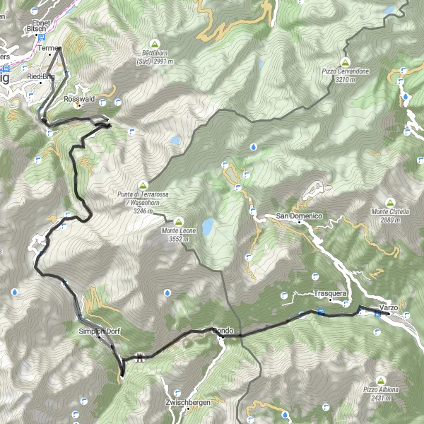 Miniaturekort af cykelinspirationen "Unik Road Cycling Route fra Varzo" i Piemonte, Italy. Genereret af Tarmacs.app cykelruteplanlægger