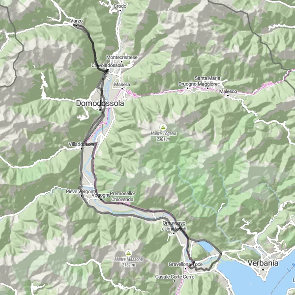 Map miniature of "Varzo to Varzo Loop via Gravellona Toce" cycling inspiration in Piemonte, Italy. Generated by Tarmacs.app cycling route planner