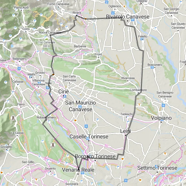 Map miniature of "The Robassomero Ride" cycling inspiration in Piemonte, Italy. Generated by Tarmacs.app cycling route planner