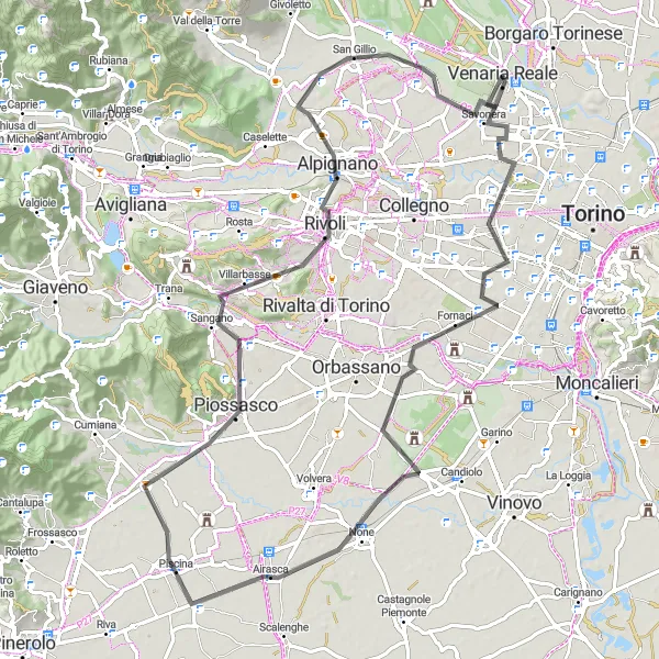 Miniatura della mappa di ispirazione al ciclismo "Giro in bicicletta da Venaria Reale a Beinasco" nella regione di Piemonte, Italy. Generata da Tarmacs.app, pianificatore di rotte ciclistiche