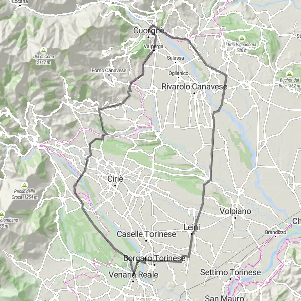 Miniatura della mappa di ispirazione al ciclismo "Giro in bicicletta da Venaria Reale a Villanova Canavese" nella regione di Piemonte, Italy. Generata da Tarmacs.app, pianificatore di rotte ciclistiche