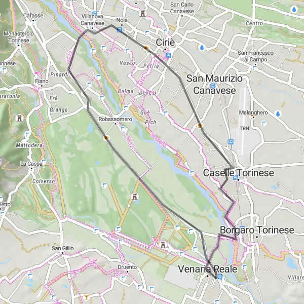 Karttaminiaatyyri "35 km Road Cycling Route from Robassomero to Altessano" pyöräilyinspiraatiosta alueella Piemonte, Italy. Luotu Tarmacs.app pyöräilyreittisuunnittelijalla