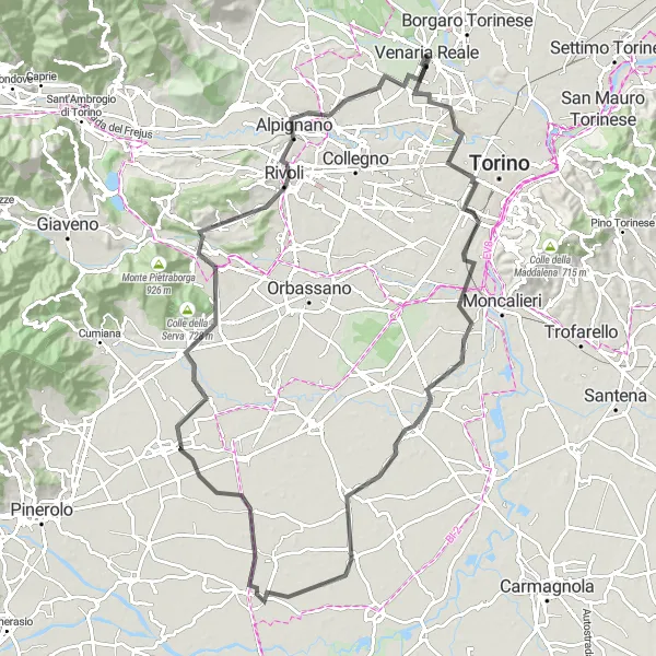 Mapa miniatúra "Venaria Reale a okolie" cyklistická inšpirácia v Piemonte, Italy. Vygenerované cyklistickým plánovačom trás Tarmacs.app