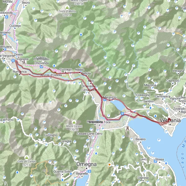 Miniaturní mapa "Gravelová trasa okolo jezera Maggiore" inspirace pro cyklisty v oblasti Piemonte, Italy. Vytvořeno pomocí plánovače tras Tarmacs.app