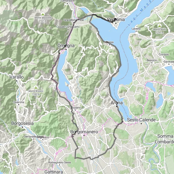 Miniatua del mapa de inspiración ciclista "Ruta en carretera hacia Baveno y más allá" en Piemonte, Italy. Generado por Tarmacs.app planificador de rutas ciclistas