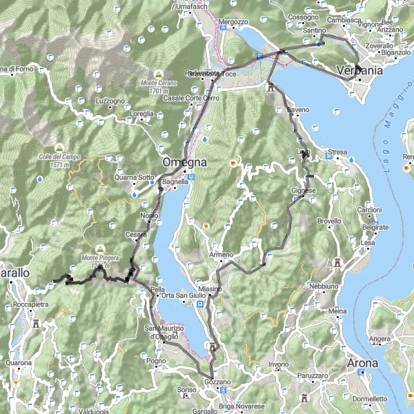 Map miniature of "Lake and Mountain Adventure" cycling inspiration in Piemonte, Italy. Generated by Tarmacs.app cycling route planner