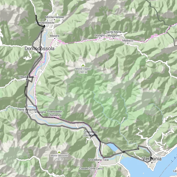 Miniaturekort af cykelinspirationen "Bjergrig tur nær Verbania" i Piemonte, Italy. Genereret af Tarmacs.app cykelruteplanlægger