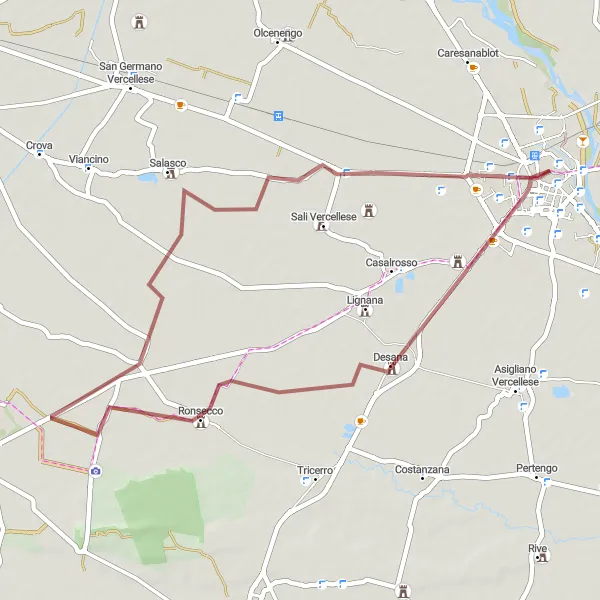 Miniatura della mappa di ispirazione al ciclismo "Gravel e campi coltivati intorno a Vercelli" nella regione di Piemonte, Italy. Generata da Tarmacs.app, pianificatore di rotte ciclistiche